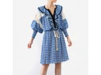 Fashion Vintage Print Summer Dress Women Lantern Sleeve High Waist Drawstring Dress