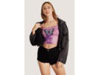 Autumn Women Black Crop Distressed Denim Jacket